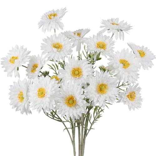 CISDUEO 4 Pcs Artificial Wildflowers Bulk Spring Decor White Fake Cosmos with Long Stems Silk Flower Mums Chrysanthemum Faux Flowers Arrangements for Wedding Bouquet Table Centerpiece Planter Outdoor - color: White