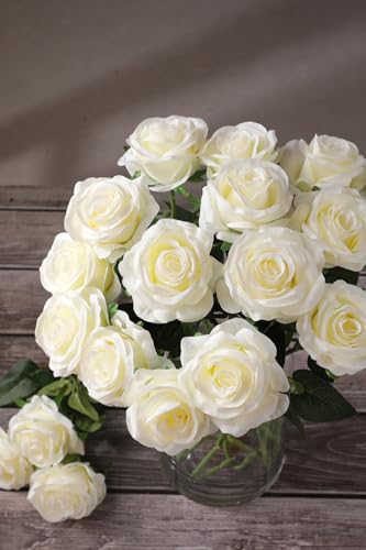 Luyue 10PCS Artificial Roses Flower with Stems Slik Fake Flowers Bouquet Realistic Long Stem Faux Rose for Wedding Home Decor - color: White