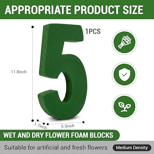 Leinuosen 12inch Dry and Wet Floral Foam Numbers Blocks Green Foam Blocks for Fresh and Artificial Flowers for Weddings Birthday Flower Arrangement Craft Project Garden Decoration(Number 5) - style: Number 5