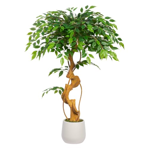 4FT Artificial Ficus Tree, 48in Fake Silk Tree with Curved Trunk & 930 Lush Leaves, Faux Floor Plant with White Pot, Low-Maintenance Decor for Home, Office, Patio - color: Ficus Tree 4ft