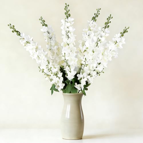 HCTCPALS Artificial Flowers for Outdoors 6 Pcs Delphinium Plant Realistic Silk Fake Flowers for UV Resistant Faux Plants Outdoor Indoor Outside Front Porch Hanging Planter Decoration-30" White - color: Delphinium White