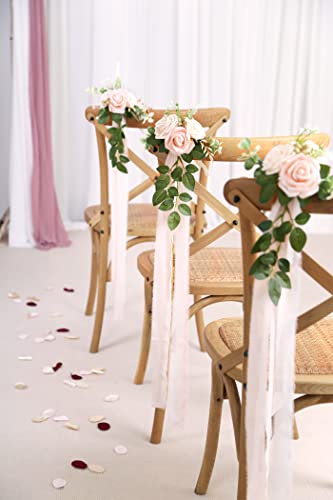 Wedding Aisle Decorations - Set of 10 Pew Flowers - Artificial Roses & Eucalyptus - Pink & Cream - 5.5" x 13" - Elegant Traditional Modern Style - Chair Flowers - color: Pink