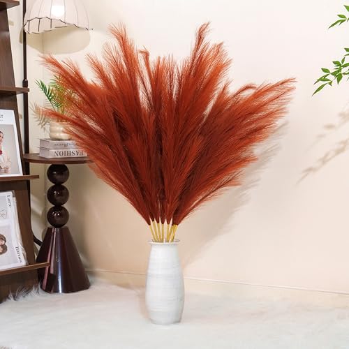 Premium Pampas Grass, Faux Burnt Orange Pampas Grass – 8pcs 43.3″ 110cm Tall Fluffy Pampa Decor, No Assembly 18-Branch One-Piece Stems, Luxury Feather Flowers for Boho Wedding Home Floral Decorations - color: Faux Burnt Orange, size: 8pcs 43.3"(110cm)