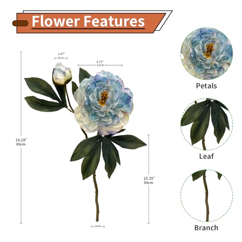 4 PCS Premium White Peonies Artificial Flowers,19.2’’Fake Faux Silk Peonies for Centerpieces Wedding Home Decor (4, Blue) - color: Blue
