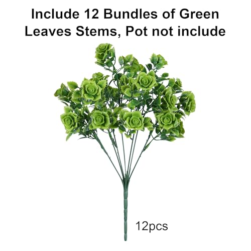 HyeFlora Artificial Plants for Outdoors Outside Spring Summer Decoration, 12 Bundles Faux Green Plastic Leaves Stems Bulk Fake Greenery Look Real UV Resistant for Home Porch Patio Planter Yard Wedding - color: Green Leaf Rose