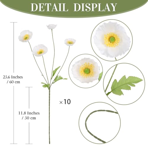 10 Pcs White Artificial Poppy Flowers with 40 Heads Lifelike Silk Fake Poppies for Vase Faux Poppies Flowers for Spring Wedding Home Table Centerpiece Baby Shower Veterans Day Decor (White) - color: White
