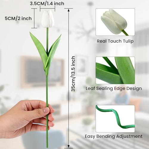 20Pcs White Artificial Tulips Flowers - 13.5" Tall Real Touch Fake Tulips for Spring Home Decor Wedding Centerpiece DIY Bouquet & Outdoor Garden Decoration