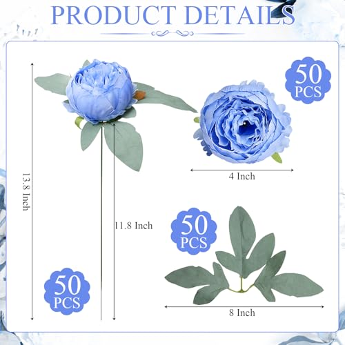 50Pcs Artificial Peonies Flowers Bulk, 4’’ Blue Peonies Fake Flowers Heads for Table, Faux Silk Peony Arrangements for Wedding, Engagement, Party, Coffee, Dining Decorations(Blue) - color: Blue
