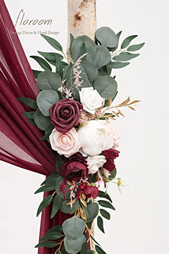Floroom Arch Flowers with Drapes Kit (Pack of 4) - 2pcs Artificial Burgundy Floral Swag Arrangement with 2pcs Draping Fabric for Wedding Ceremony Arbor and Reception Backdrop Decoration - color: Burgundy & Blush