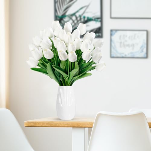 Sggvecsy 15 Pcs Fake Tulips Artificial Flowers Real Touch PU Faux Flowers Tulip Stems for Wedding Spring Bouquet Floral Arrangement Home Party Office Decorations for Mother's Day (White) - color: White, size: 15 Pcs