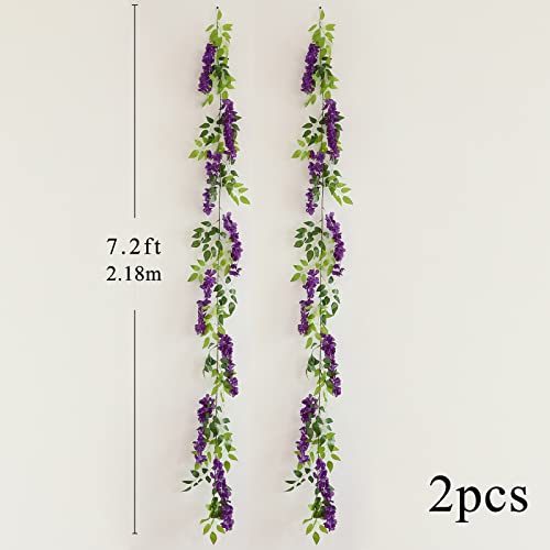 dallisten Wisteria Artificial Flowers Garland, 2Pcs 7.2Ft/Piece Silk Fake Wisteria Vine Kit, Hanging Flower for House Outdoor Garden Ceremony Outside Wedding Arch Floral Decor (2, Purple) - color: Purple