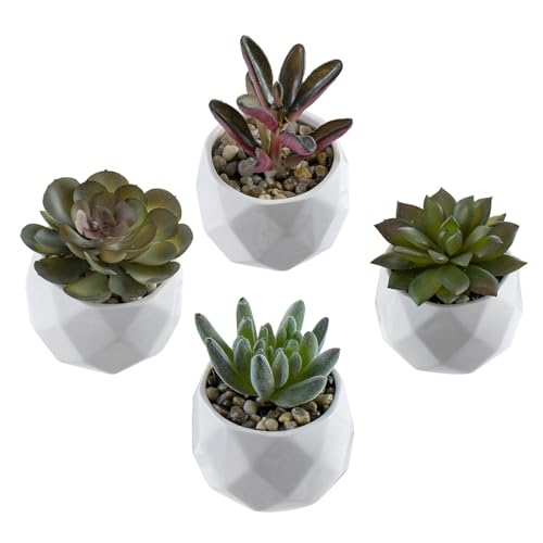 MyGift Miniature Artificial Succulents, Indoor Fake House Plants in Round White Geometric Ceramic Pots, Set of 4 - color: White (Set of 4)