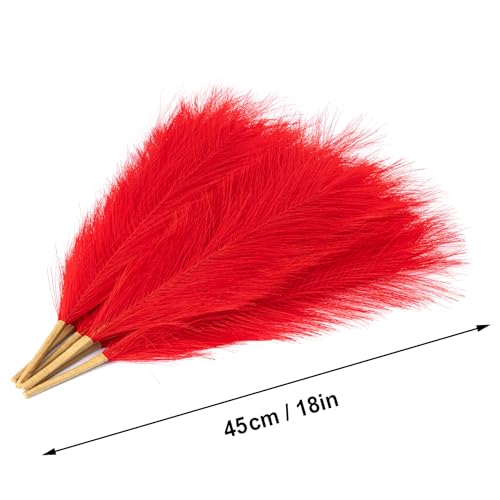 Pampas Grass Decor, Fluffy Faux Pampas Grass 5 Stem 18"/45cm Pompous Grass Small Flower Arrangement and Vase Filler for Boho Home Wedding - color: Red