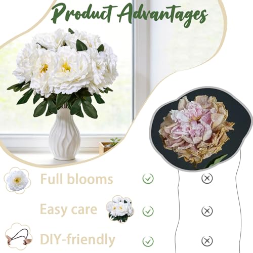 White Premium Silk Artificial Peonies, 2 Bouquets (10 Large 5.12" Heads), 13.78" Tall Fake Floral Arrangements for Wedding Centerpieces, Home Decor & Indoor Vase Display - color: White New