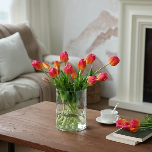 mizii 15Pcs Pink Tulips Artificial Flowers Latex Plastic Real Touch Fake Tulips Flowers Look Real Faux Tulip Flower Bouquet Decoration for Vase Room Table Centerpieces Home Decor (Orange Pink) - color: Orange Pink