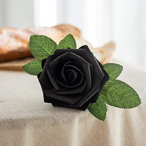 25pcs Artificial Flower Foam Rose Real Touch Roses Flower Heads with Stem for DIY Wedding Bouquets Centerpieces Arrangements Party Baby Shower Home Decor (Black) - color: Black