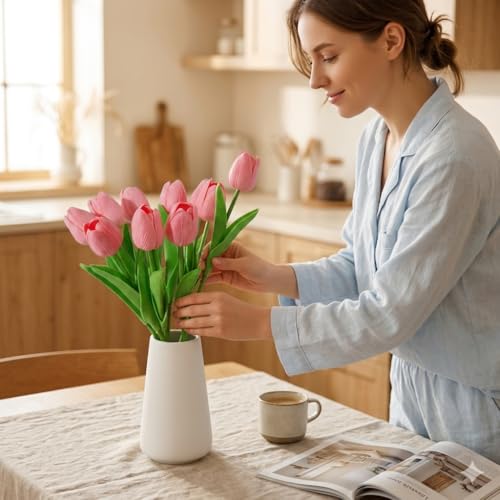 Real-Touch Artificial Tulips with 2 Ceramic Vases, 20 Stems Faux Floral Arrangement Set, Spring Easter Table Centerpiece, Modern Farmhouse Decor - color: Pink & Ivory With 2 Vases