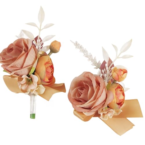 Alizeal 2Pcs of Wrist Corsage and Boutonniere Set, Artificial Flowers Accessories Suit Decor for Wedding Prom Party Homecoming Ceremony, Light Orange - color: 701-light Orange