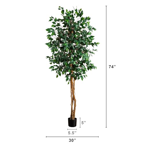 Nearly Natural 74in Artificial Triple Trunk Ficus Tree, Faux Greenery with Natural Wood Trunks for Indoor Home Decor - size: 6ft 2in, style: Tree in Pot