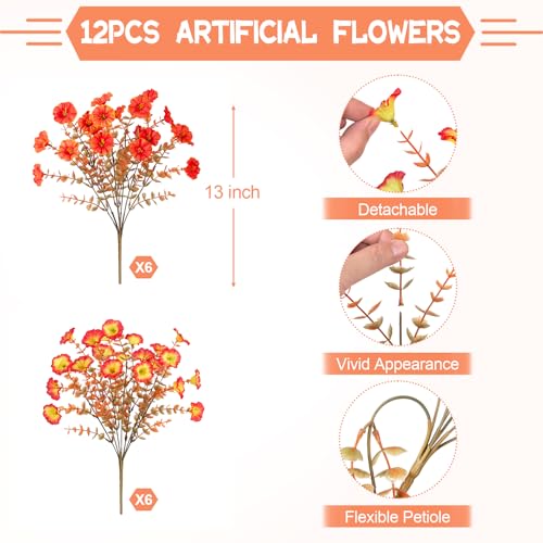 INXUGAO Fake Fall Flowers Artificial for Decoration, 12 Bundles Faux Plants Silk Orange Flowers Morning Glory Petunias Realistic UV Resistant for Outdoors Planter Porch Patio Window Box, Sunset - color: Orange Sunset
