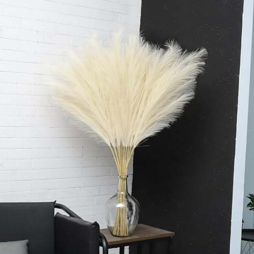 43" Faux Pampas Grass Decor Tall - 8 PCS Beige Pampas Grass for Floor Vase Fluffy Artificial Pampas Grass for Wedding Boho Home Baby Shower Mothers Day Decoration - color: Beige