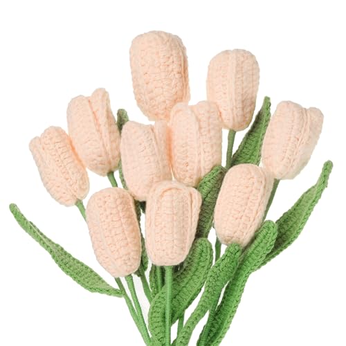 MECCANIXITY Tulip Crochet Flowers, Artificial Knitted Tulip Flower Completed Handmade Tulips Bouquet for Gift Home Birthday Wedding Decoration, Skin Color Pack of 10 - color: Skin Color