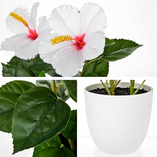 Briful Artificial Hibiscus Flowers in Pot, 14.5’’ Faux Hibiscus Plant, Spring Summer Flowers for Home Decor, Farmhouse Table Decor & Coffee Table Decor, Indoor Potted Fake Flower, White - color: White