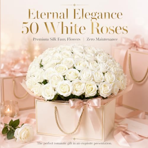50 PCS White Roses Artificial Flowers, Fake White Roses Bouquet,White Artificial Silk Roses with Stems for DIY Wedding Flowers Decoration, Valentines Day, Home Decor, Bridal Bouquet Roses - color: Beige, size: 50 Pcs