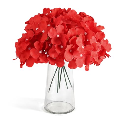Auihiay 64pcs Hydrangea Artificial Flowers, Red Fake Hydrangea Flowers with Stems, Artificial Hydrangea Flowers for Wedding Centerpieces, Home Garden Party Decoration (Red) - color: Red