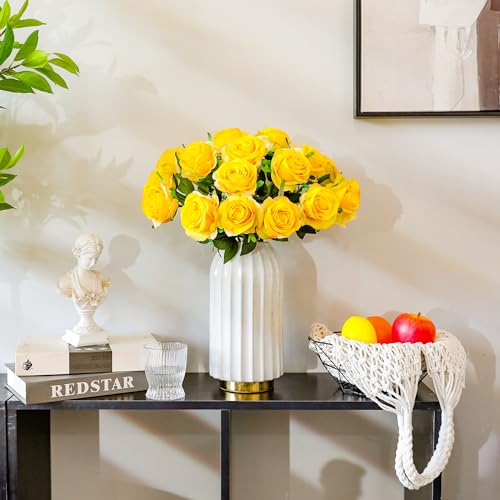 Yellow Fake Roses Artificial Flowers - 16 Pcs Fake Artificial Roses Silk Flowers with Stems for Home Wedding Hotel Office Centerpiece Decor - color: Yellow, size: 16 Pcs
