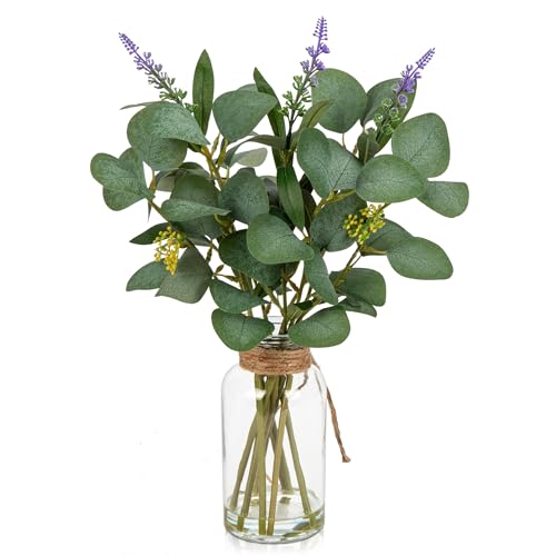 Briful Artificial Eucalyptus Stems in Glass Vase with Faux Water, 14" Fake Plant Eucalyptus with Lavender for Home Office Farmhouse Wedding Centerpiece Bathroom Décor - color: Seagreen