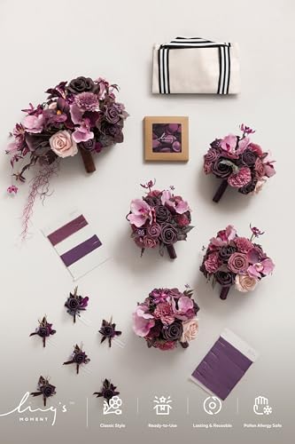 Ling's moment Wedding Artificial Flowers Package, Bridal Bouquet, Bridesmaid Bouquets, Boutonniere for Men, Rose Petals.Plum Lily Grape - color: Prpl-plum Lily & Grape