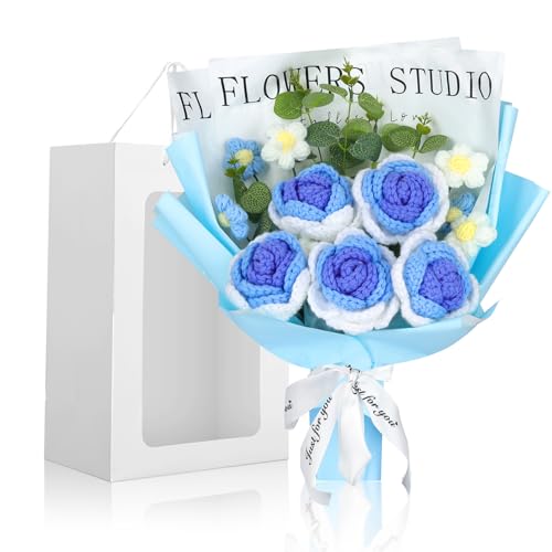 Foyucool Crochet Flower Bouquet, Blue Handmade Knitted Flowers with Gift Bag, Blue Roses Daisies for Mother's Day Anniversary Birthday Graduation Valentine's Day - color: Blue White