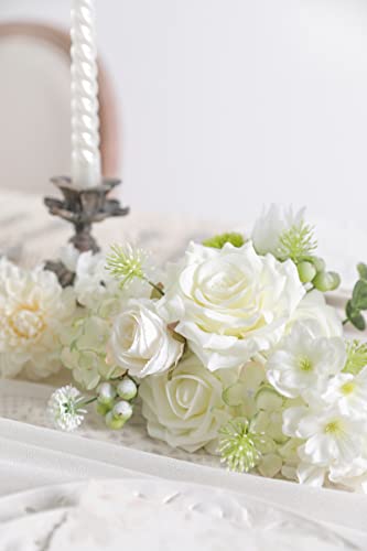 White Artificial Flower Box Set Silk Fake Flowers for DIY Centerpieces Cake Decorations, Wedding Bouquets, Boutonnieres, Home Decor (White Green) - color: White Green