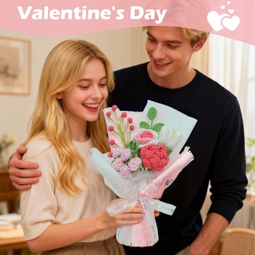 Crochet Flowers Bouquet,Handmade Knitted Rose,Artificial Flower Bouquet for Her, Wife,Lover ,Girlfriend ,Mother, Anniversary,Graduation,Friends,Birthday, Valentines Day Gifts,(with Gift Bag&Card) - color: Rose&pink, size: Large