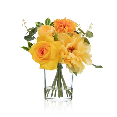 WELL KNOWN Artificial Flowers in Glass Vase with Fake Water, Silk Peony Rose Flower Bouquet for Home Dining Table, Office, Hotel, Wedding, Birthday Party, Lavatory Decor & Mom's Gift (Yellow & Orange) - color: Yellow & Orange