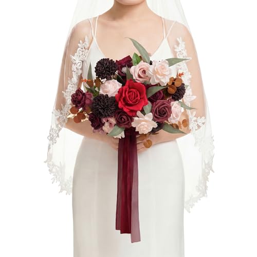 Ling's moment Powder Pink and Burgundy Wedding Bouquets for Bride, Red Bridal Bouquets for Bride, 13 Inch Free Form Artificial Wedding Flower Bouquet - color: Red-powder Pink & Burgundy, size: Small 13 Inch
