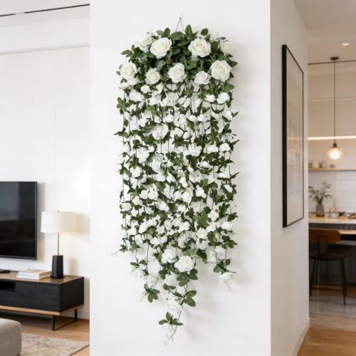 Artificial Flower Garland 90.5 Inch/230CM - Fake Roses Vines Floral Vines, Silk Faux Plastic Hanging Floral Garland for Wedding Arch, Bedroom, Home Wall, Backdrop, Outdoor & Indoor Decor (White) - color: White