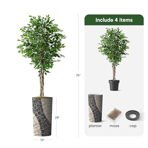 Artificial Tree in Geometric Pattern Planter, Fake Ficus Silk Tree for Indoor and Outdoor Home Decoration - 75" Overall Tall (Plant Pot Plus Tree) - style: Ficus Tree