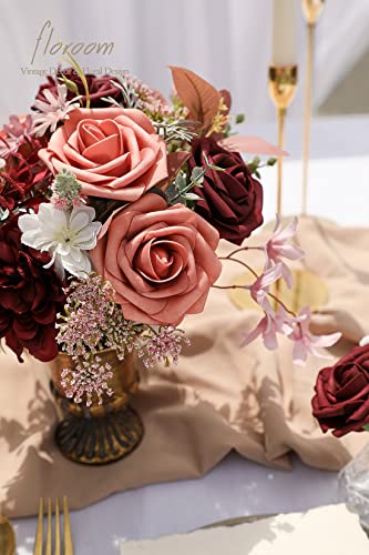 Floroom Artificial Flowers 25pcs Real Looking Burgundy & Pinky Cedar Foam Fake Roses with Stems for DIY Wedding Bouquets Bridal Shower Centerpieces Floral Arrangements Party Tables Home Decorations - color: Burgundy & Pinky Cedar, size: 25Pcs