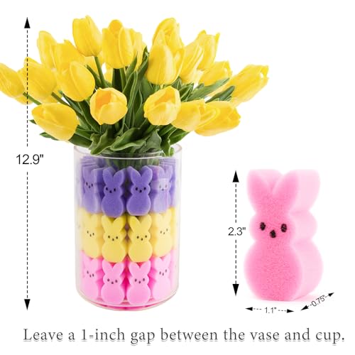 ORIENTAL CHERRY Easter Decorations - Easter Peeps Decor - 15 Artificial Tulips with 45 Bunnies Vase Filler Set, Spring Home Indoor Decoration Centerpieces for Tables - style: 15 Yellow Tulips with 45 Peeps Bunnies