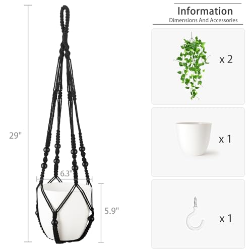 Mkono Fake Hanging Plant with Pot, Artificial Plants for Home Decor Indoor Macrame Plant Hanger with Fake Vines Faux Hanging Planter Greenery for Bedroom Bathroom Kitchen Office Decor (1, Black) - color: Black