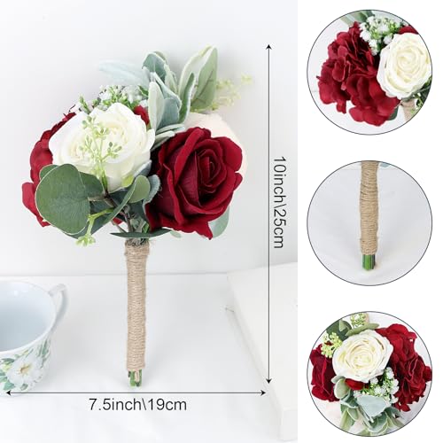 Artificial Flowers Bridesmaids Bouquets Set of 6 - Burgundy and White Bridesmaid Bouquet Handmade Small Silk Rose Floral Bouquet for Wedding Bridal Shower Anniversary Marriage Proposal -7 Inch - color: Burgundy & White, size: 6pcs Bouquets