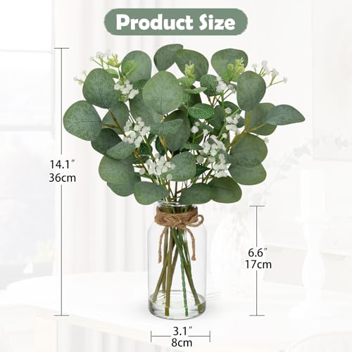 Briful Artificial Eucalyptus Stems with Baby Breath Flowers in Glass Vase with Faux Water, 14" Fake Plant Eucalyptus Leaves for Home Farmhouse Wedding Centerpiece Bathroom Décor - color: White