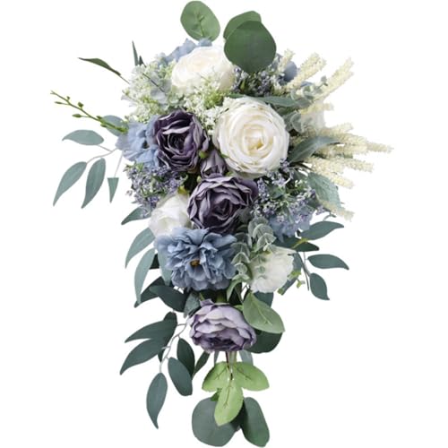 9.1 Inch Cascading Bridal Bouquet Waterfall Cascade Wedding Bouquet Bride with Artificial Rose Peony Flower Rustic Boho Wedding Ceremony Bouquet Dusty Blue - color: Dusty Blue