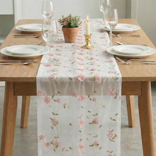 Artoid Mode Pink 3D Flower Gauze Embroidery Table Runner 120 Inch 10FT, Tulle Seasonal Spring Kitchen Dining Holiday Table Decor for Home Party - color: White-pink