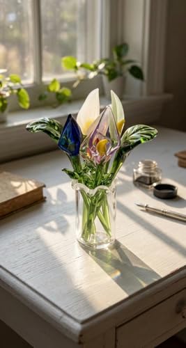 8 Pcs Mini Glass Calla Lily Flower Hand Blown Glass Artificial Flowers with Clear Vase Crystal Tulip Bouquet Collectible Ornament for Women Mom Wedding Home Table Centerpiece (Multicolor) - color: Multi Color