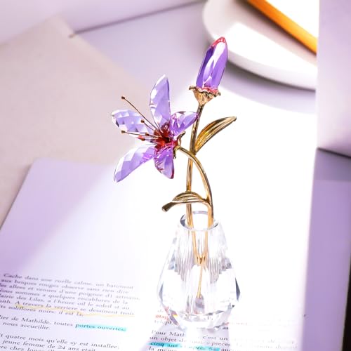 YWHL Purple Lily Flower Gifts for Women, Handmade Crystal Lily Flower Figurine Collectible with Vase, Home Wedding Party Decor - color: Purple