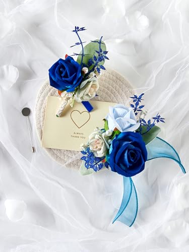 SITUMEIZI 2Pcs Deep Blue Corsage and Boutonniere Set Wrist Corsage Bracelets and Boutonniere for Men Wedding Prom Party Suit Decor - color: Deep-blue
