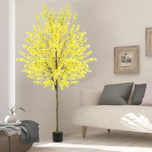 6Ft Tall Artificial Forsythia Tree, Fake Tree Faux Silk Plant with Plastic Nursery Pot,Artificial Plants for Home Office Indoor Decor(Yellow) - size: 6ft